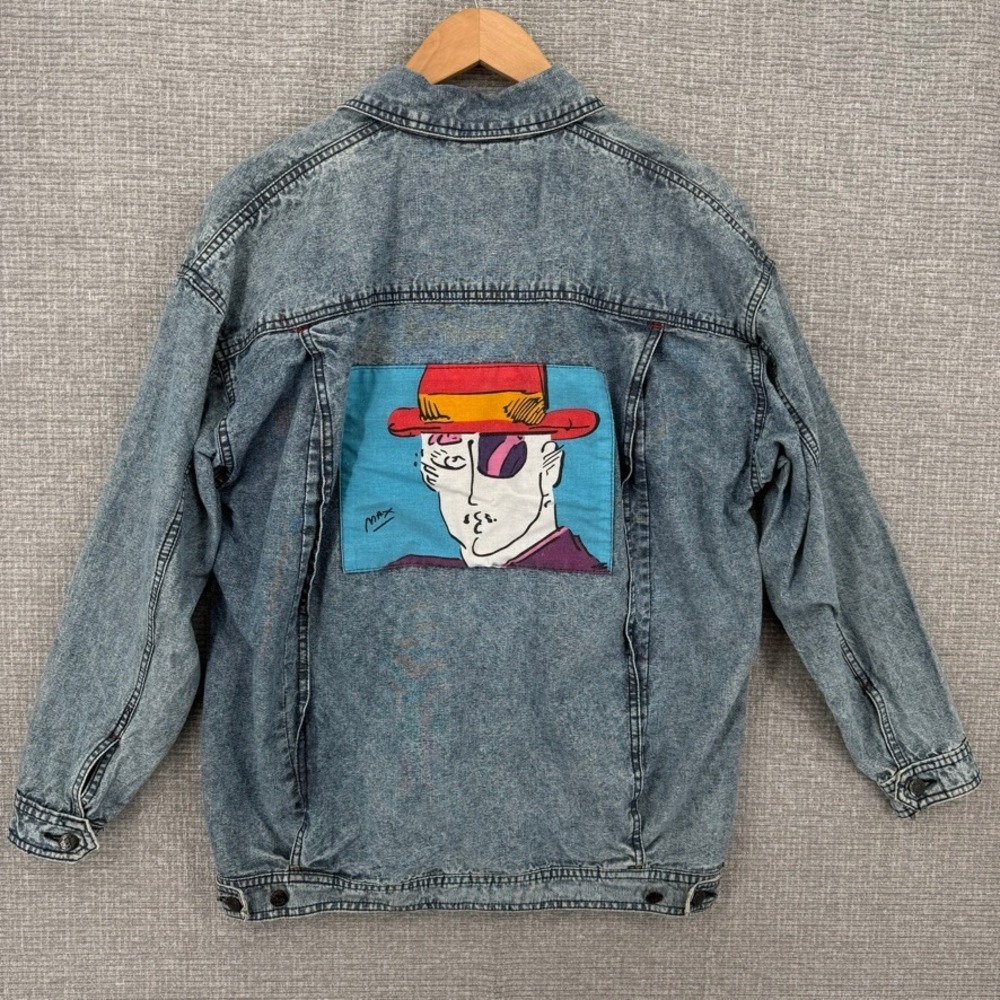 Vtg Y2K NeoMax Denim Jacket Mens Sz L/XL Peter Max Art Acid Wash Blue Vintage